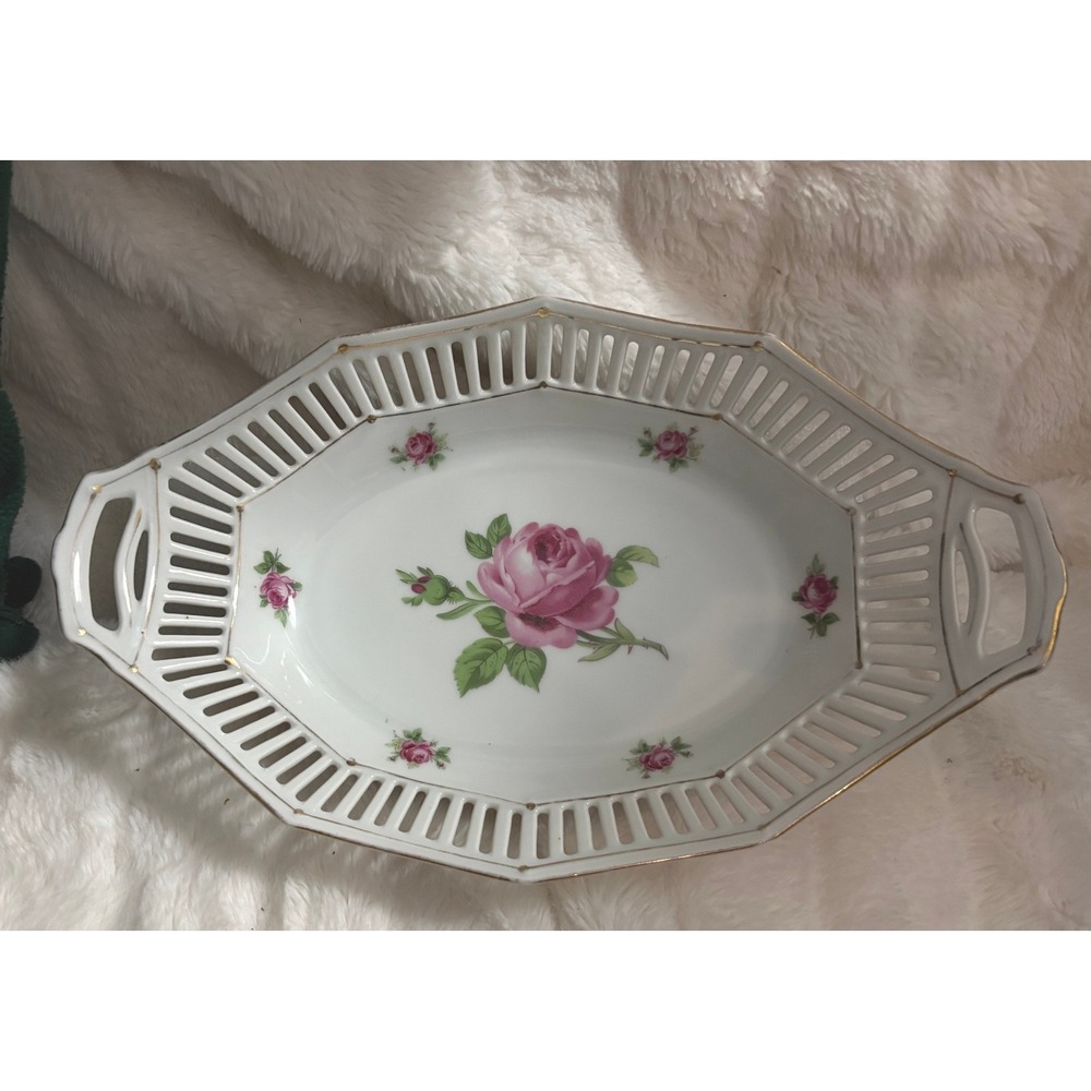 Schumann Bavaria Reticulated Porcelain Bowl Pink Rose Gold Gilt Pierced Dish